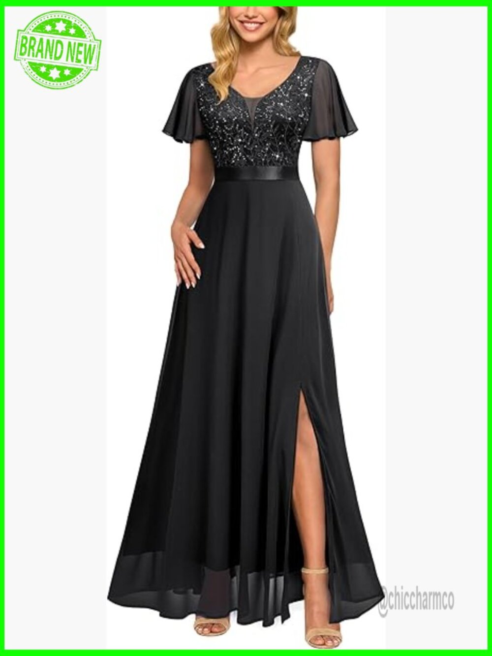 V-Neck Sequin Lace Ruffle Sleeve Bridesmaid Maxi Dress Formal Gown